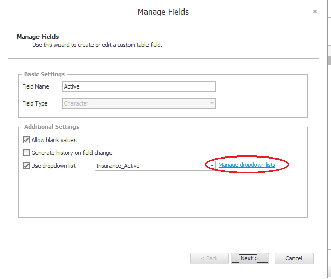 Tables4Act Manage Field Dropdowns