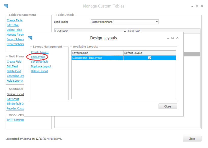 Tables4Act set default layout